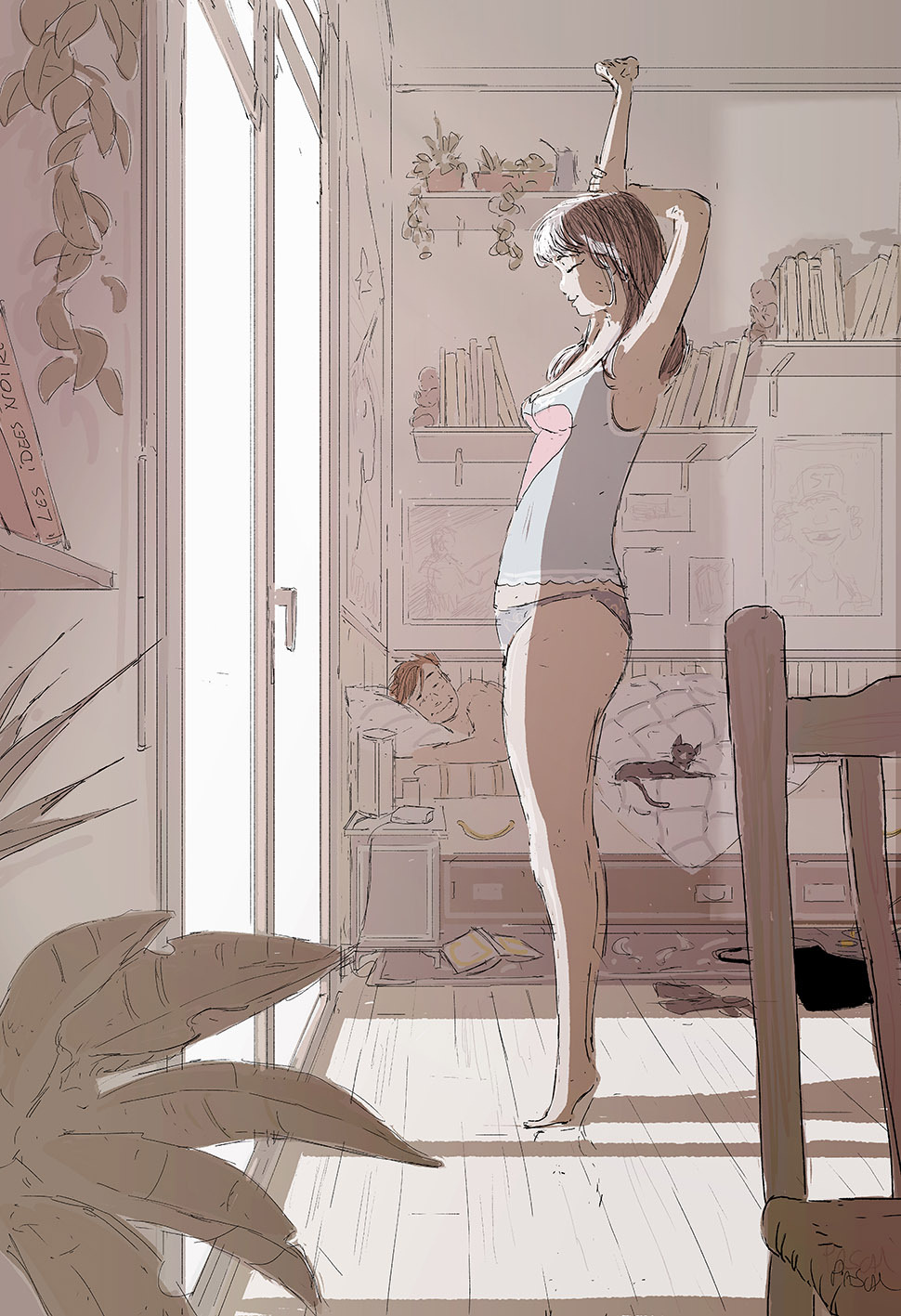 Morning stretch - Art, Drawing, Girls, Morning, Pascal Campion