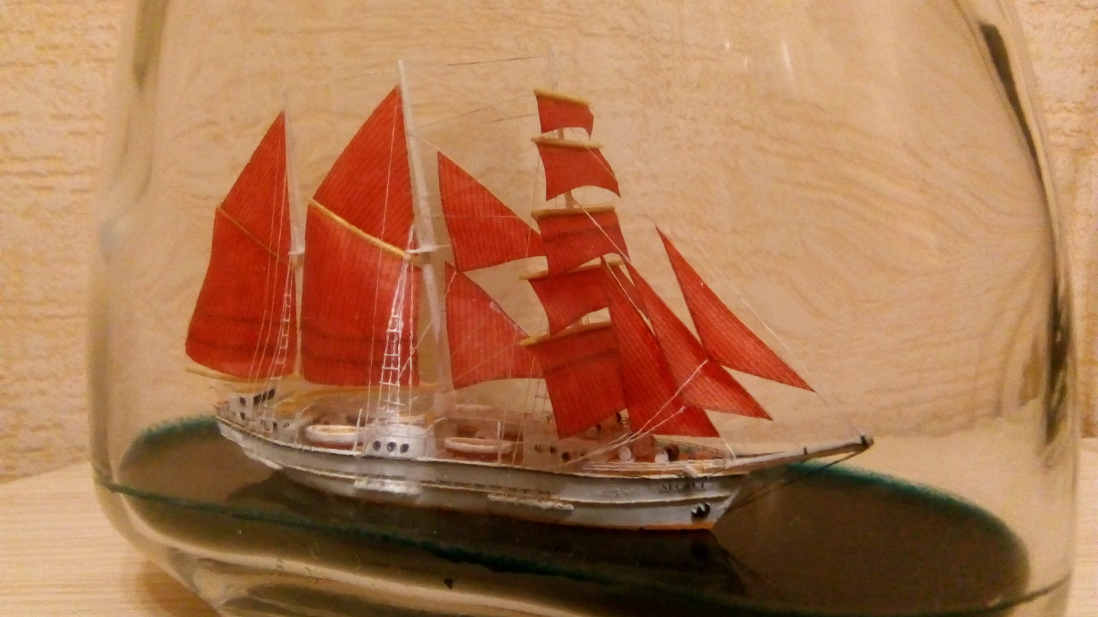 Scarlet sails, barquentine SECRET in a bottle - My, Ship in a bottle, Scarlet Sails, Models, Souvenirs, Presents, Hobby, Handmade, , Longpost