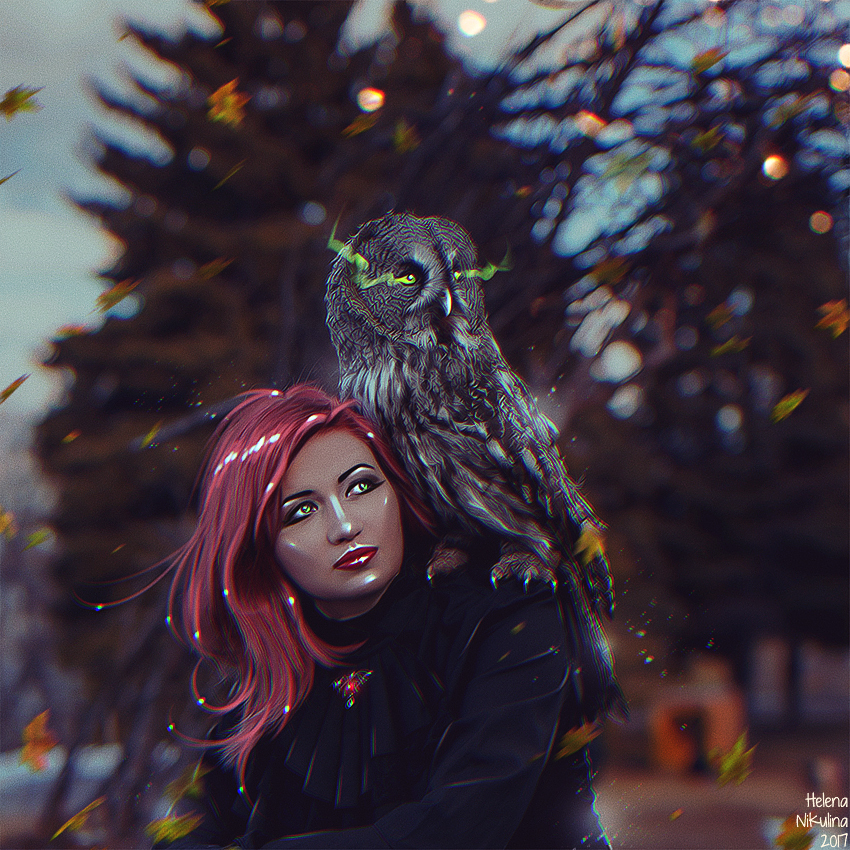 Inseparable friends II. - My, Art, Elena Nikulina, Friends, Owl, Female, Red hair, Green eyes, Autumn, Video, Women