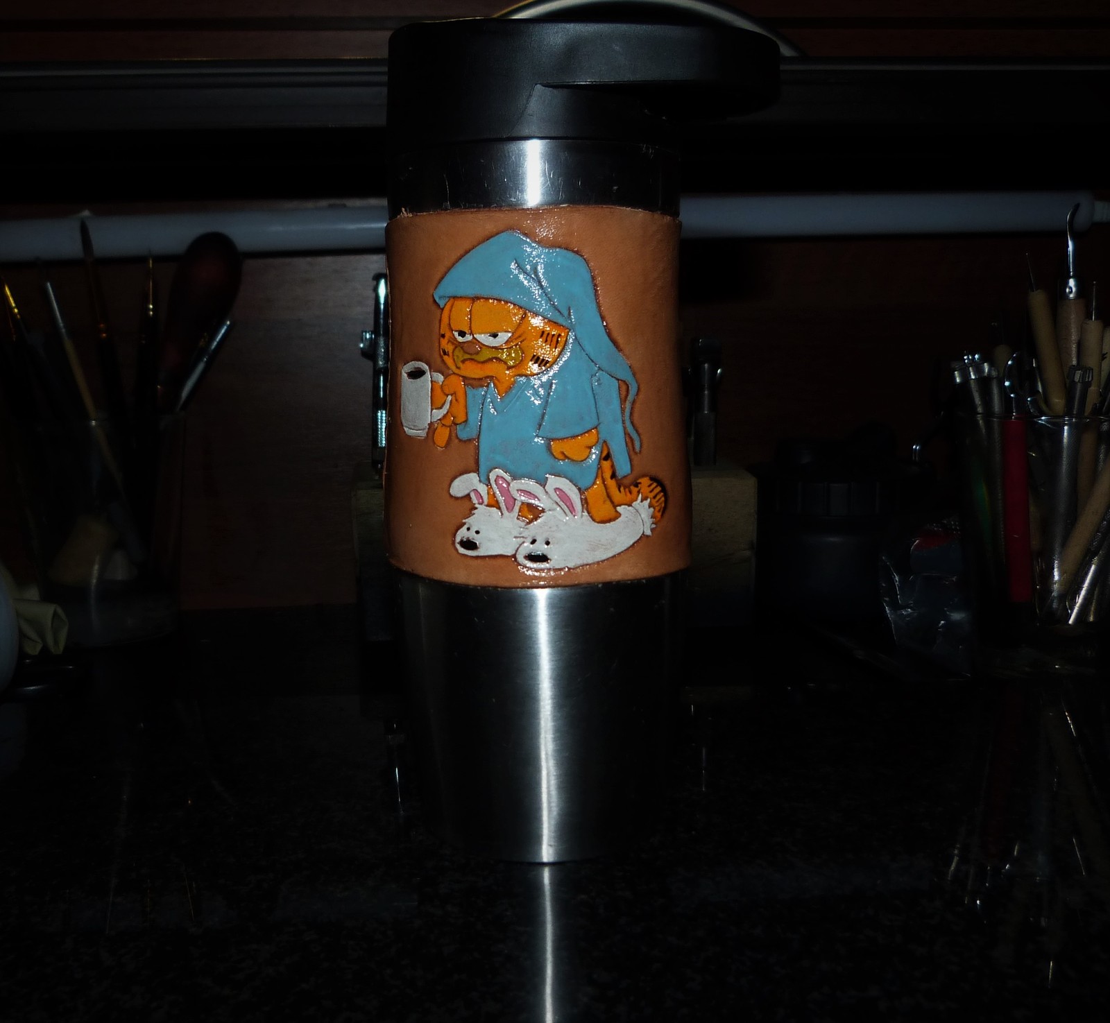 Thermal mug - My, Garfield, Morning is never good, Embossing on leather, Needlework with process, Longpost