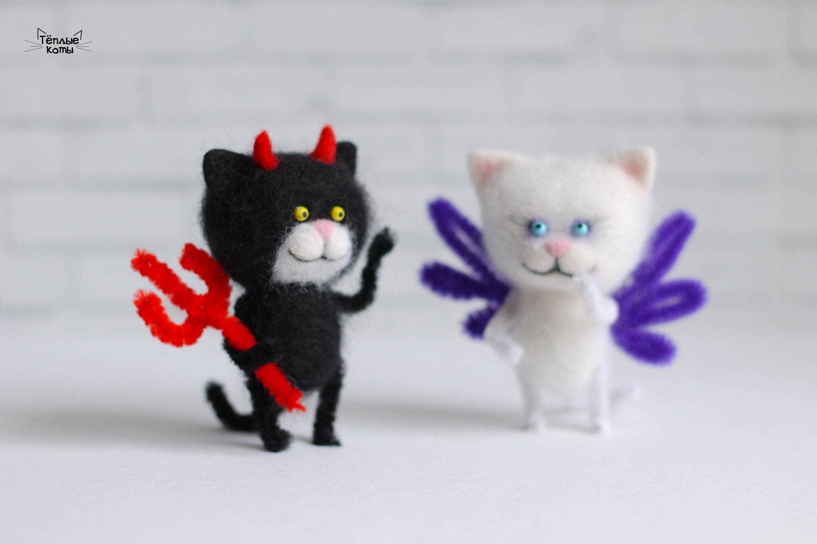 Devil and Angel in the technique of dry felting - My, Wallow, Dry felting, cat, Art, Needlework without process, Creation, Handmade, Author's toy, Longpost