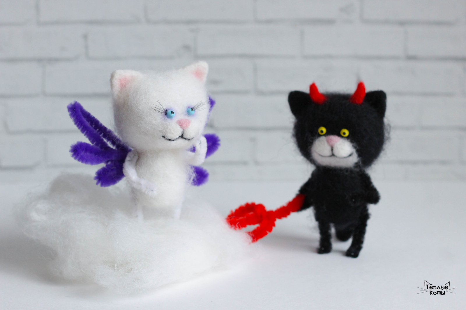 Devil and Angel in the technique of dry felting - My, Wallow, Dry felting, cat, Art, Needlework without process, Creation, Handmade, Author's toy, Longpost