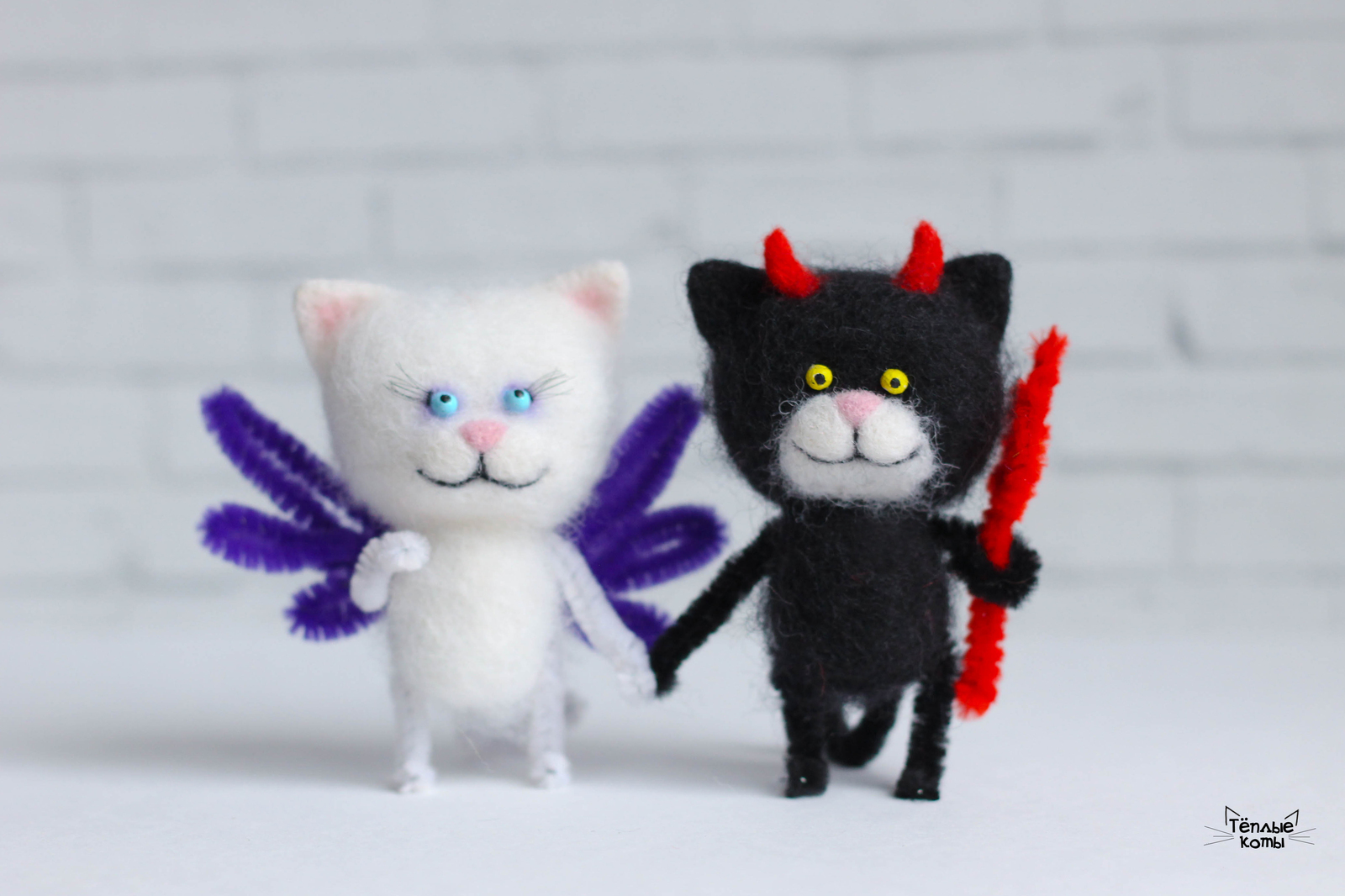 Devil and Angel in the technique of dry felting - My, Wallow, Dry felting, cat, Art, Needlework without process, Creation, Handmade, Author's toy, Longpost