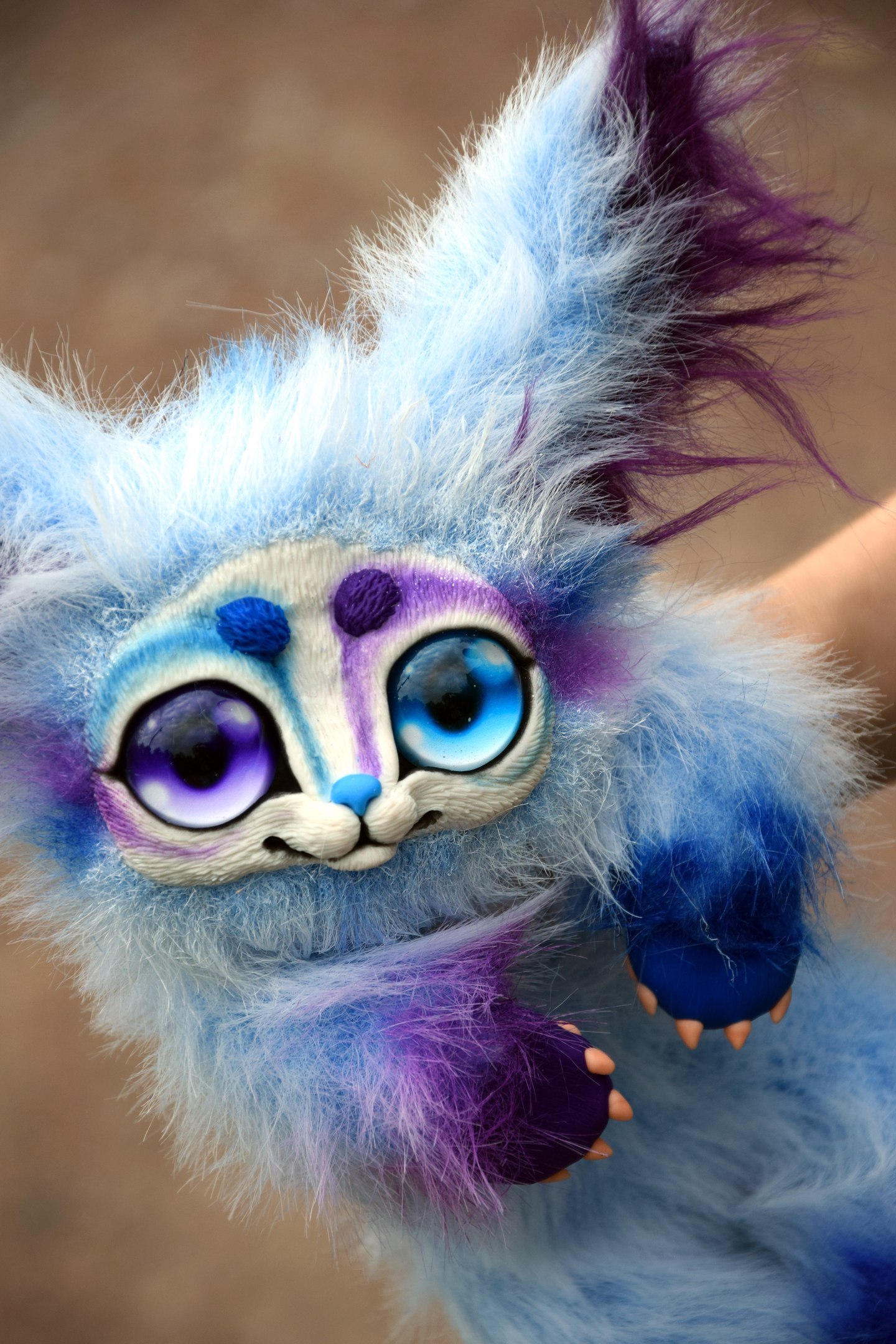 Blue-purple animal with different eyes - My, Handmade, Adelkawalka, Author's toy, Artificial fur, Polymer clay, Needlework without process, Longpost