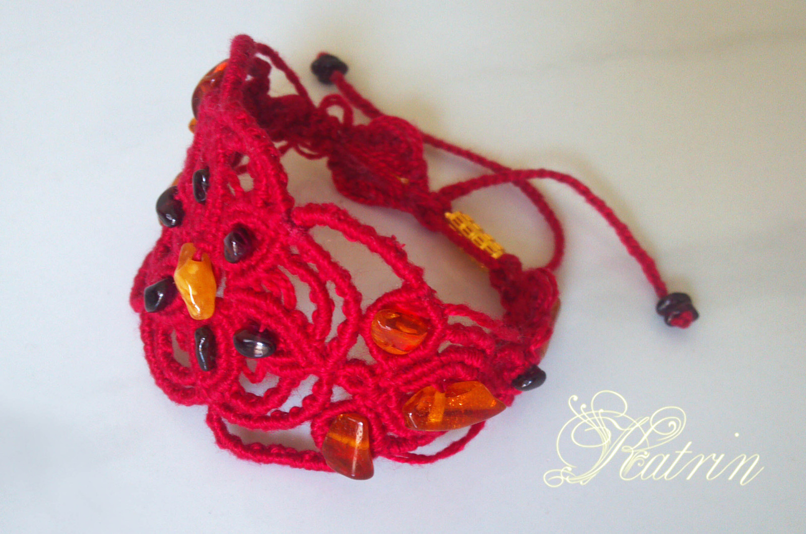 Set. Earrings and bracelet Red flower macrame - My, Macrame, Earrings, A bracelet, Flowers, , Presents, A rock, Needlework without process, Longpost