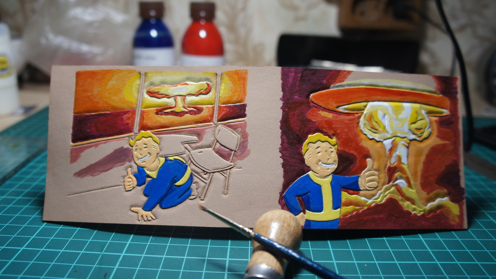 Skin work. Save up the lids, gentlemen. - My, My, Handmade, Leather, Wallet, Fallout, Vault boy, Just a very long post, Ilyamuromskiy, Longpost