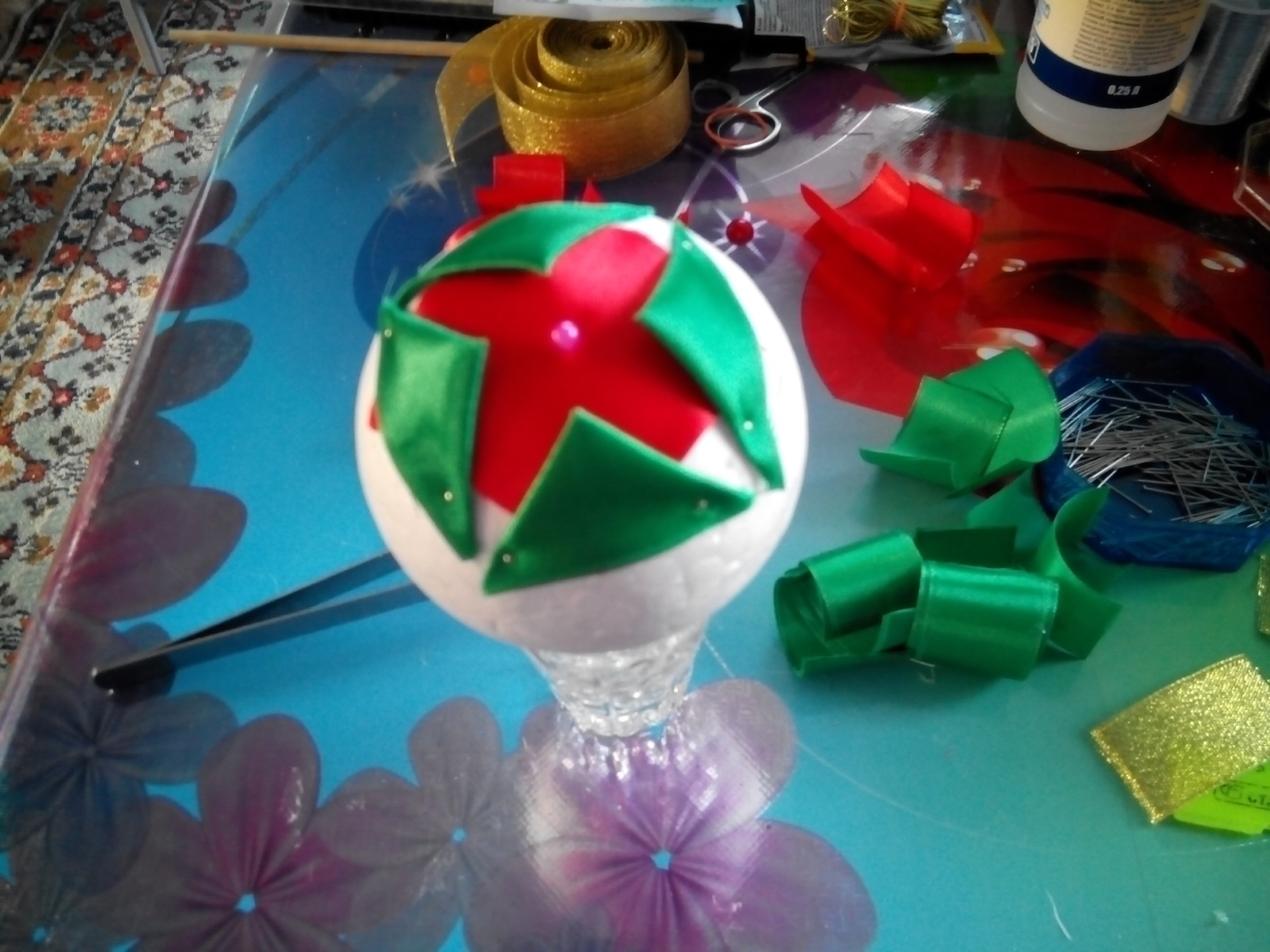 The process of assembling a Christmas ball - My, Needlework with process, Kanzashi, Christmas decorations, Longpost