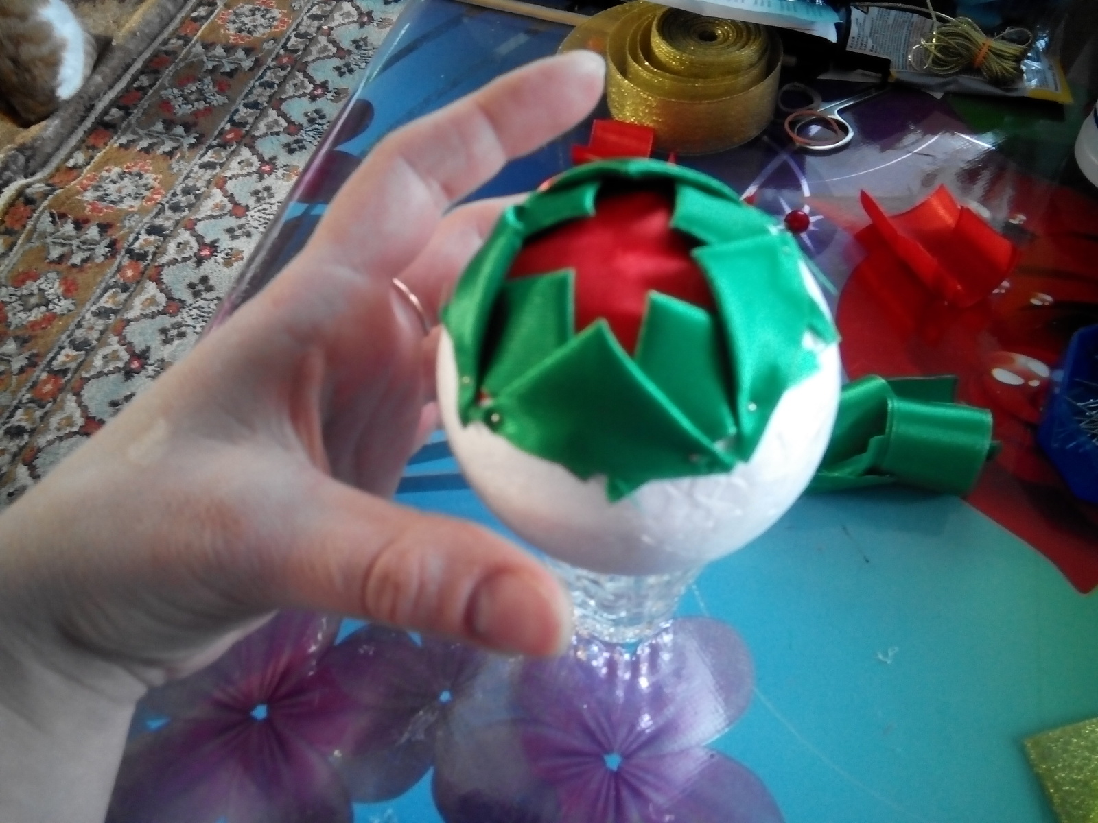 The process of assembling a Christmas ball - My, Needlework with process, Kanzashi, Christmas decorations, Longpost