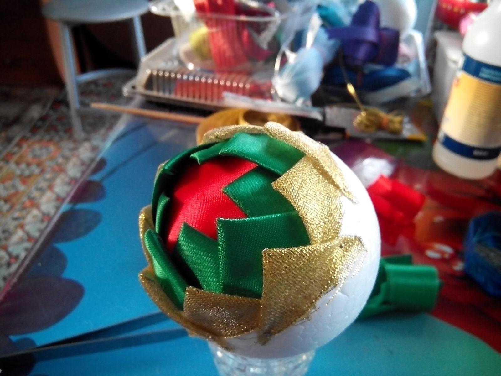 The process of assembling a Christmas ball - My, Needlework with process, Kanzashi, Christmas decorations, Longpost