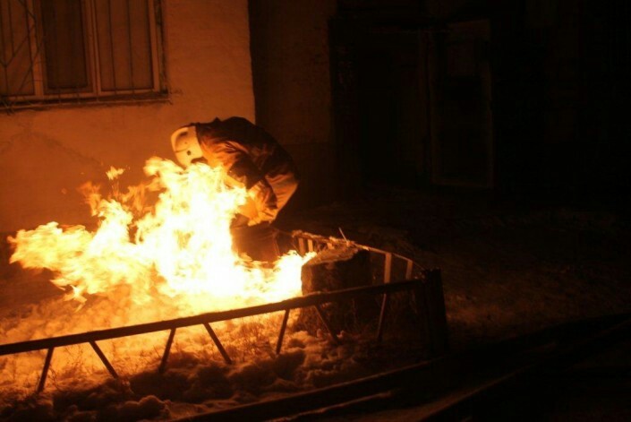 The fireman carried a burning cylinder in his arms - Courage, Firefighters, Steel eggs, Fire, Kostanay, Kazakhstan, 