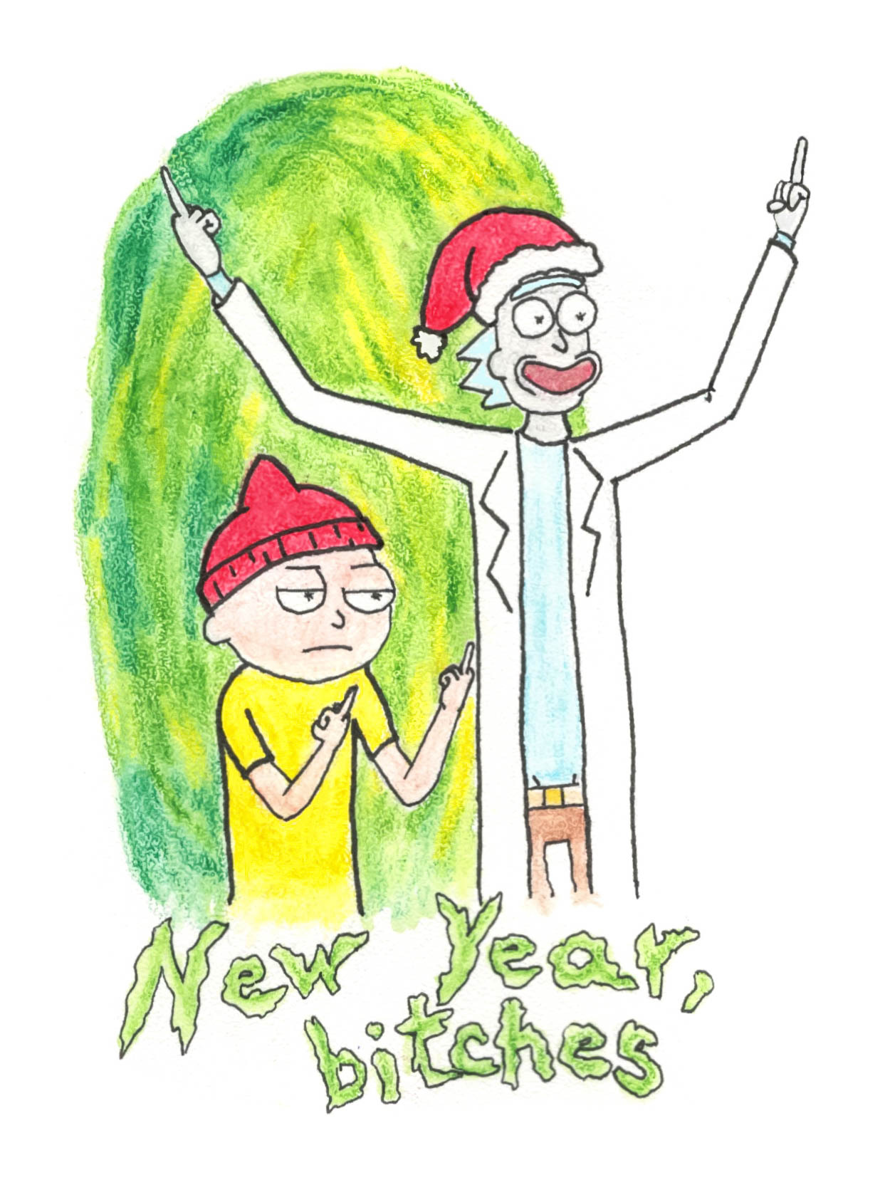 Happy New Year, peeps)) - My, New Year, Rick and Morty, Art, Postcard