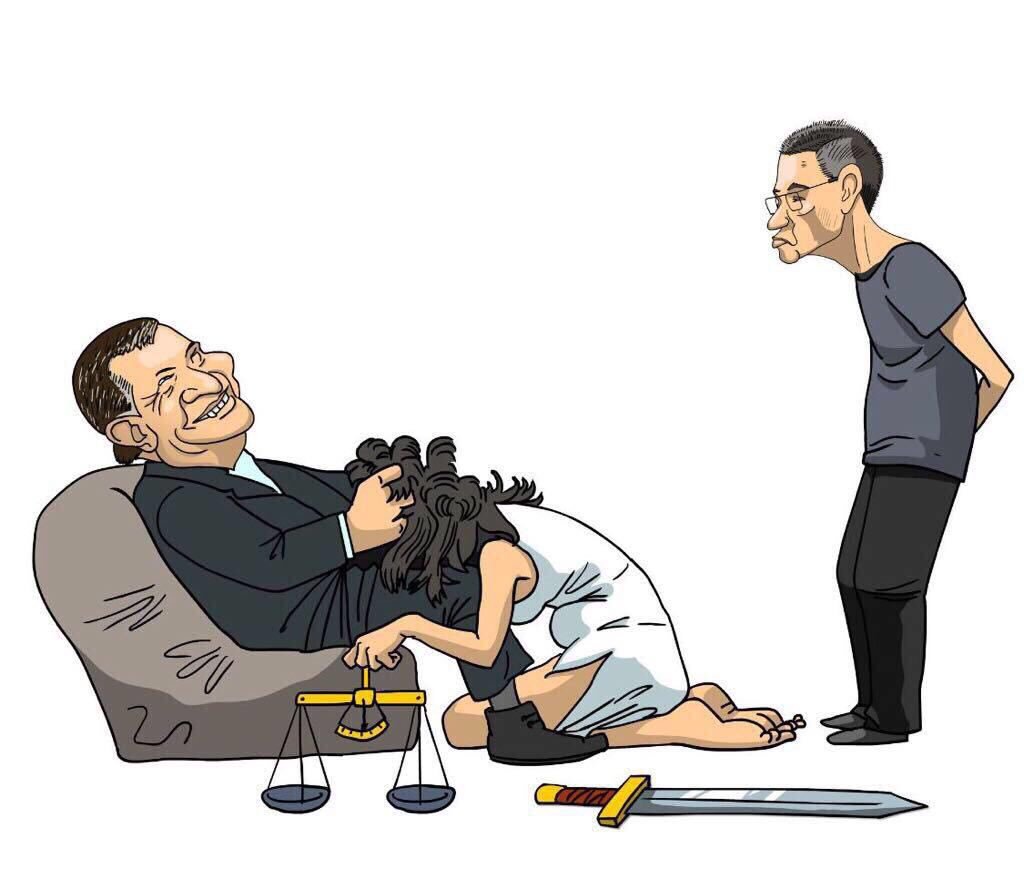 Themis cries on Sechin's lap. - Sechin, Themis, Politics, Court, Caricature, Humor