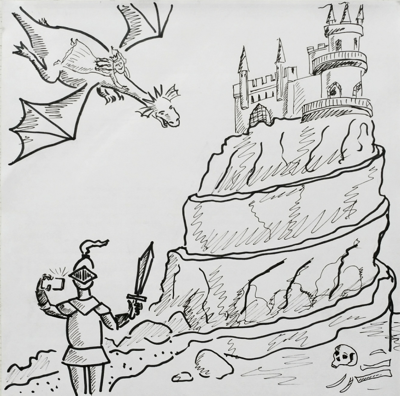 Illustration for an unwritten fairy tale 1 - My, Illustrations, Marker, Graphics, Black and white, The Dragon, Dragon and Knight, , Sketch