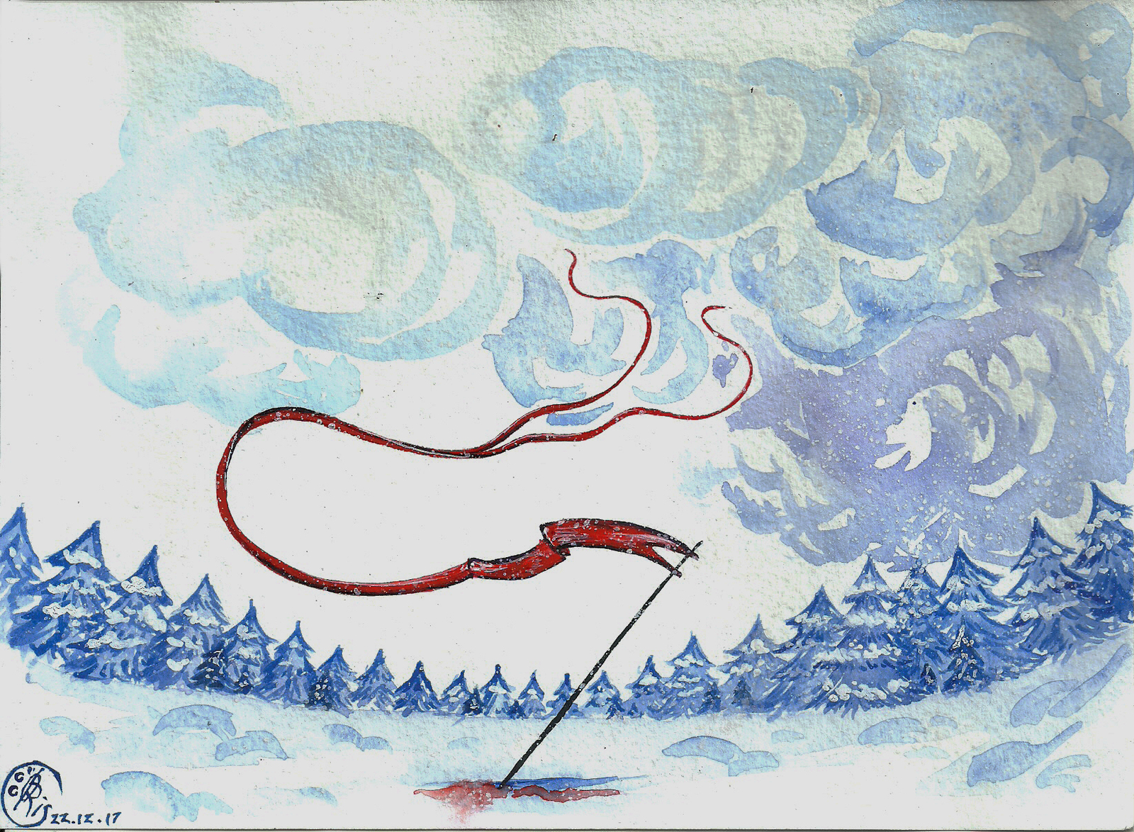 Today is a winter landscape. - My, Drawing, Watercolor, Landscape, Christmas trees, Sky, Flag, Aloe, Snow