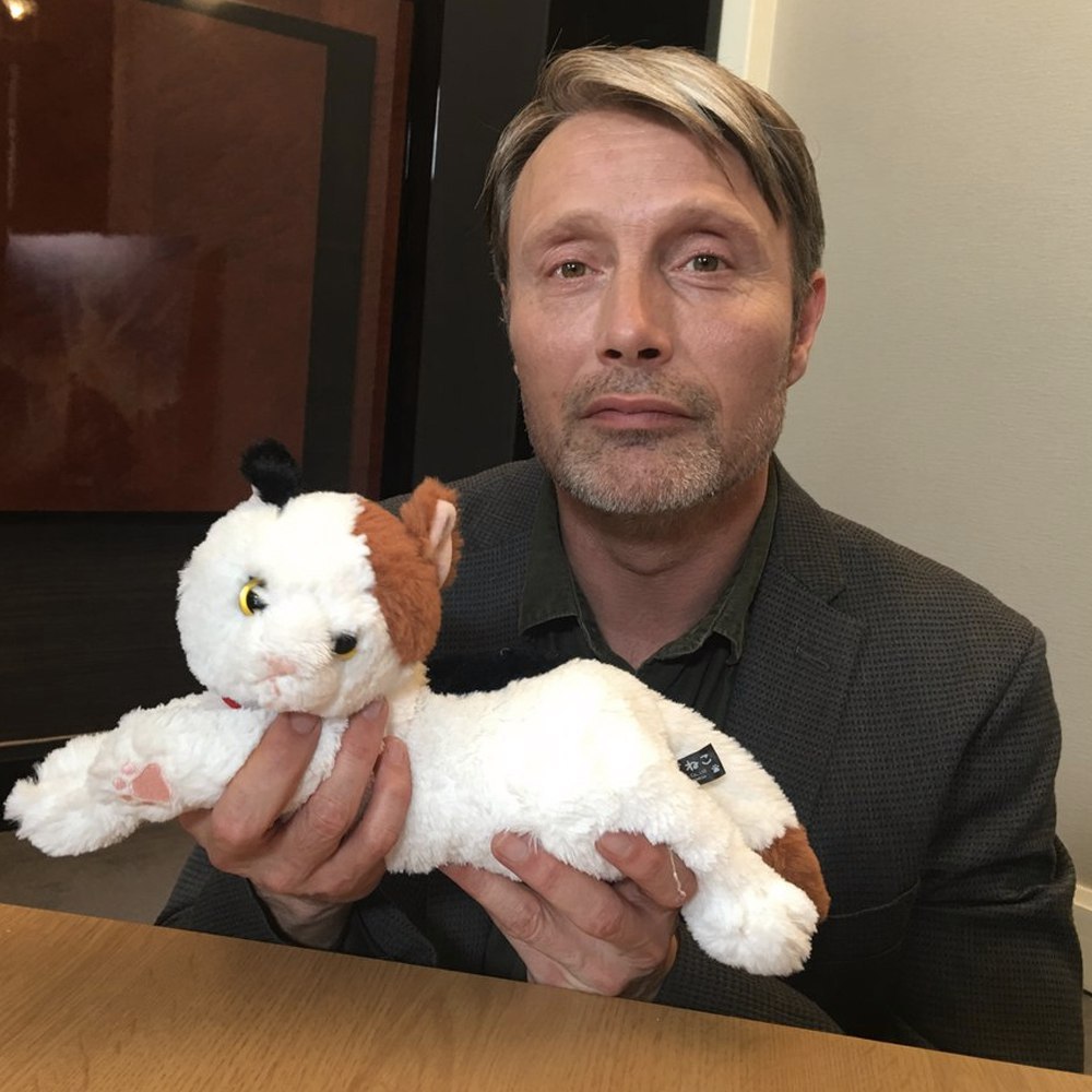 Mads Mikkelsen and plush cat - Actors and actresses, cat, Mads Mikkelsen