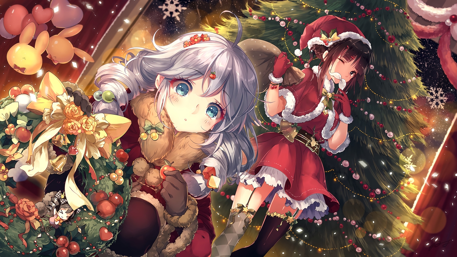 Festive mood - Anime art, Benghuai xueyuan, Kiana kaslana, Raiden Mei, Christmas, The dress, Stockings, Wallpaper