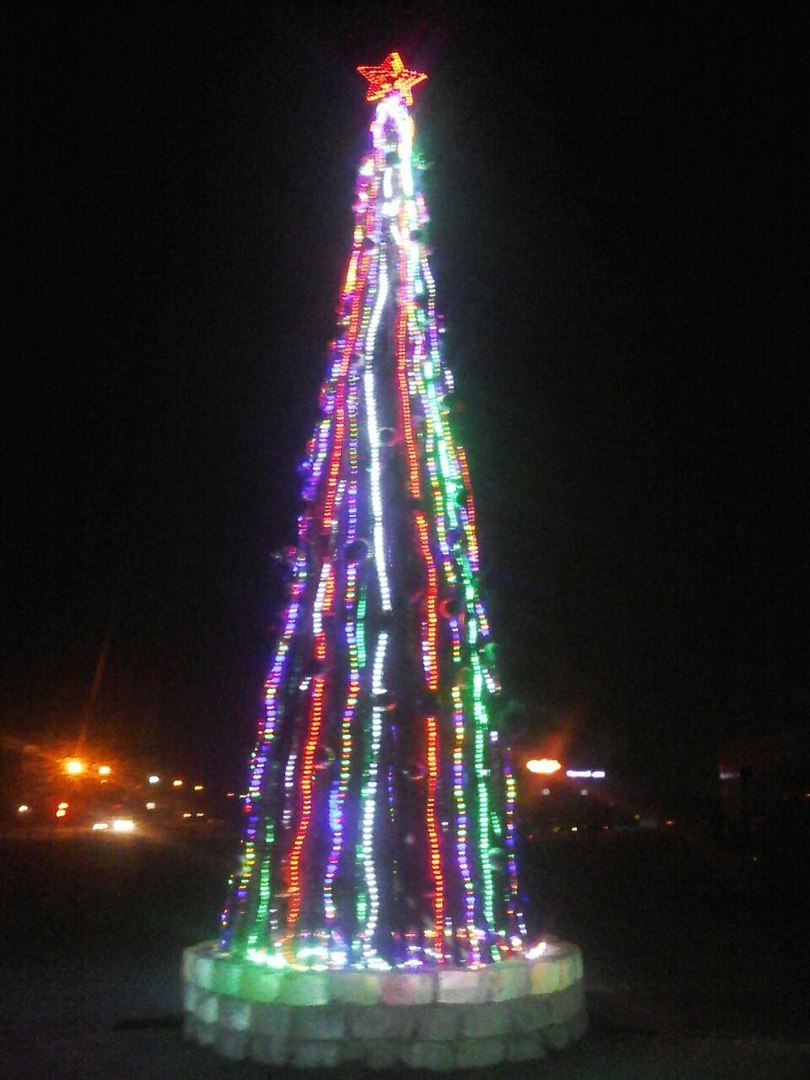 Christmas tree in Atbasar day and night - Kazakhstan, Atbasar, Christmas trees, Longpost