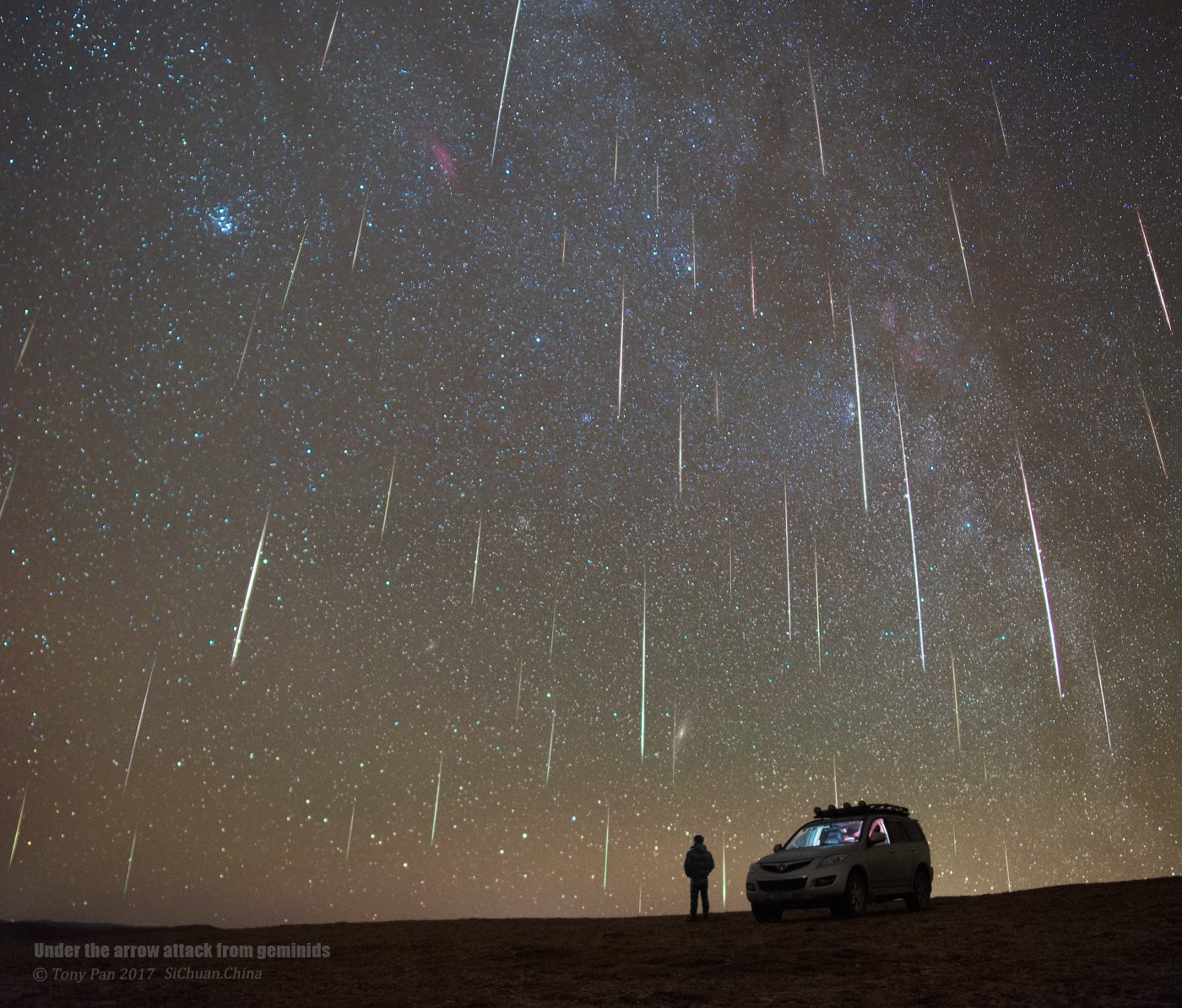 The Milky Way, the Andromeda Nebula, and the 2017 Geminid meteor shower over Sichuan, China - Milky Way, Andromeda Nebula