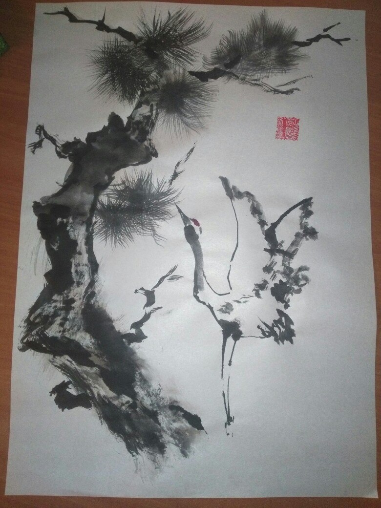 The white crane spreads its wings - My, Painting, Chinese art, The mountains, Flowers, Birds, Longpost