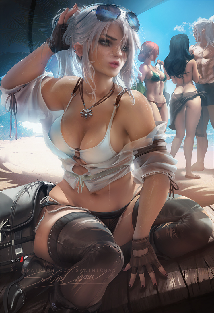 Ciri. beach day - NSFW, Ciri, Witcher, Art, Sakimichan, Illustrations, Beach