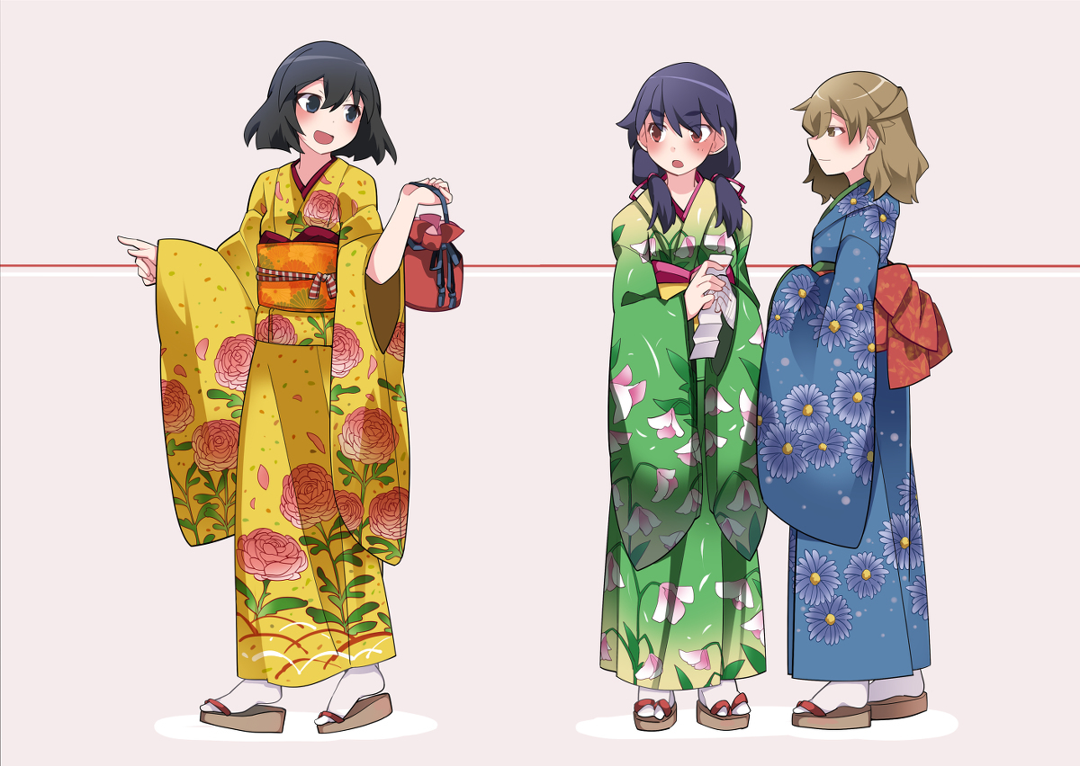 Girls and kimonos - Anime, Anime art, Monogatari series, Hachikuji Mayoi, Shinobu oshino, Ougi Oshino, Kanbaru suruga, Longpost