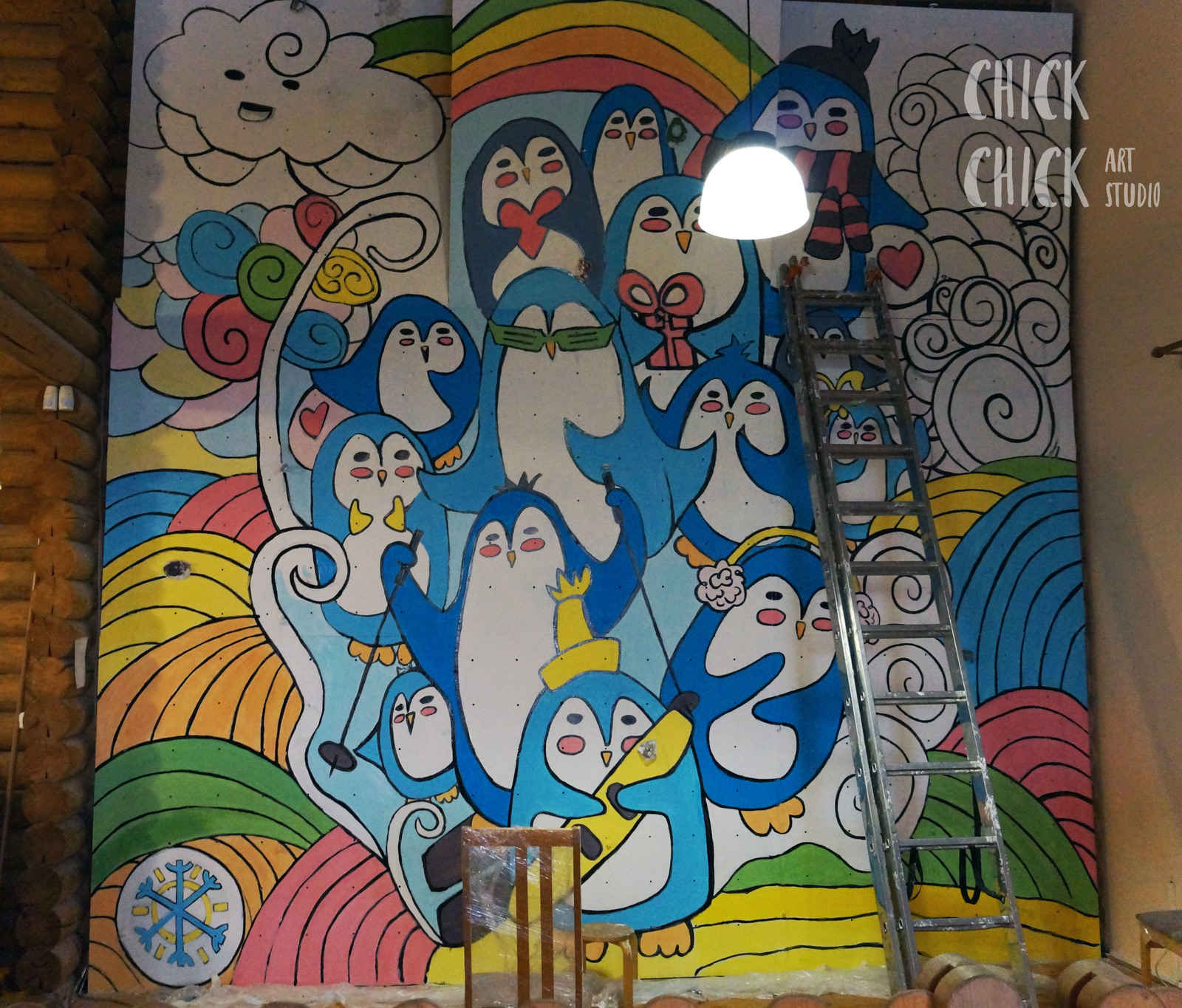 How we painted the climbing wall - My, Drawing, Wall painting, Penguins, Drawing on the wall, Needlework with process, Drawing process, Designer, Climbing wall, Longpost