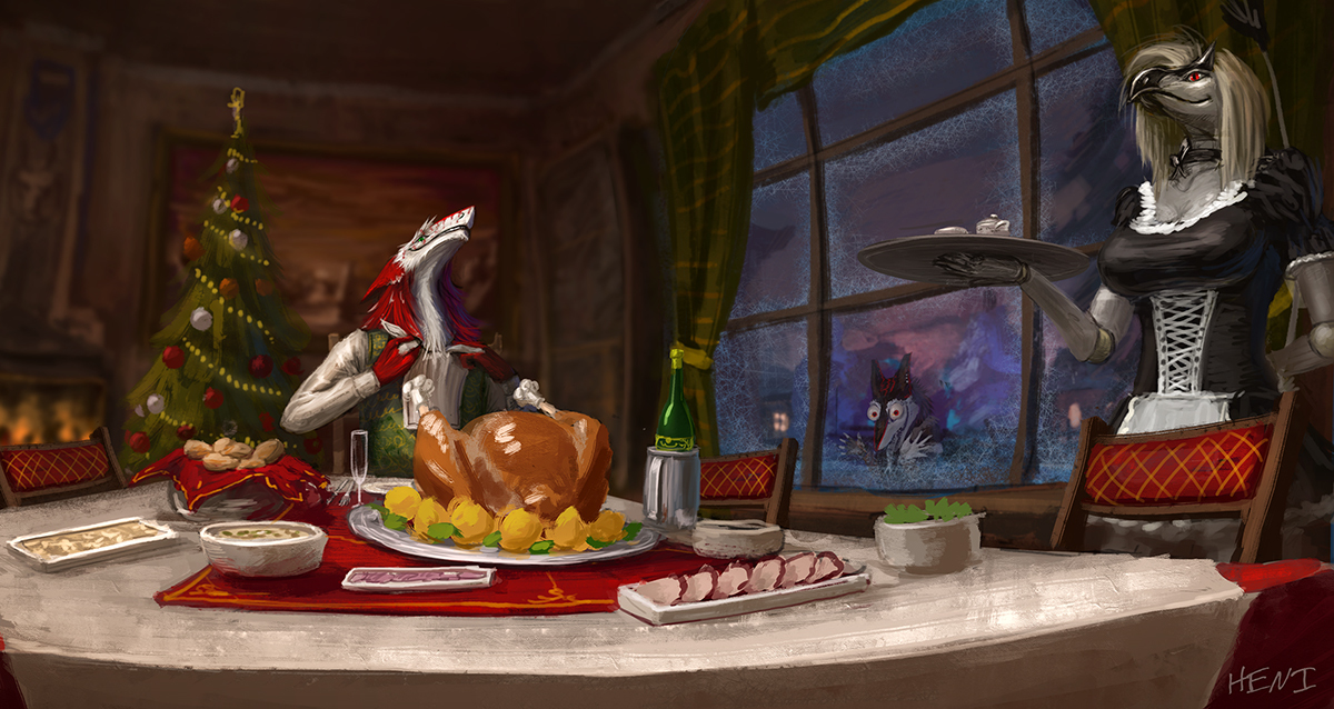 Rich dinner - Furry, Art, Christmas, Dinner, Heni, Food, Sergal