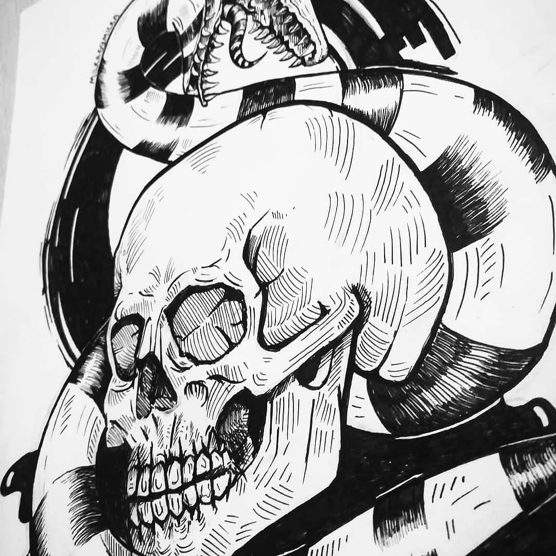 snake and skull - My, Sketch, Tattoo sketch, Drawing, I draw as much as I can, Longpost