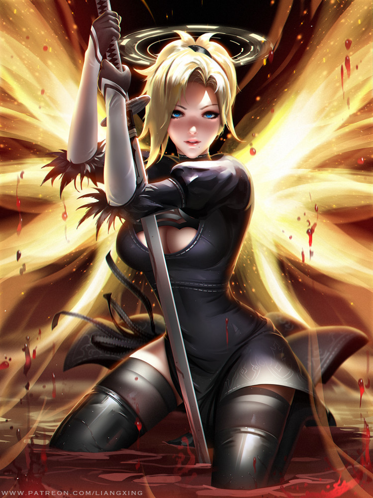 2B Mercy - Anime Art, Кроссовер, NIER Automata, Overwatch, Yorha unit No 2 type B, Mercy, Liang Xing