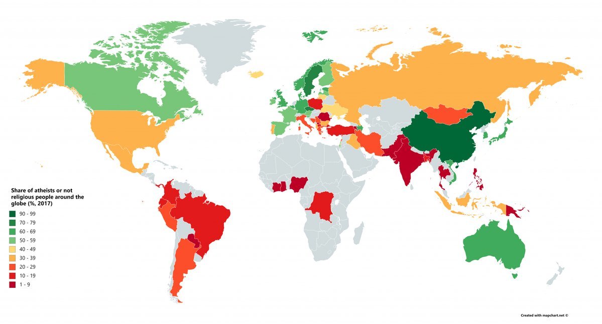 Proportion of atheists or non-religious people in the countries of the World. - World map, Atheism, Interesting