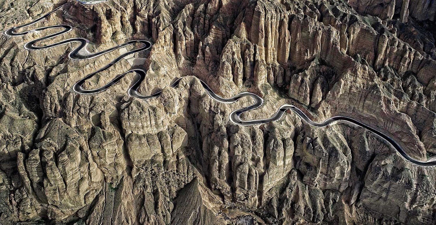 Road in China - The mountains, China, Road, Serpentine, View from above