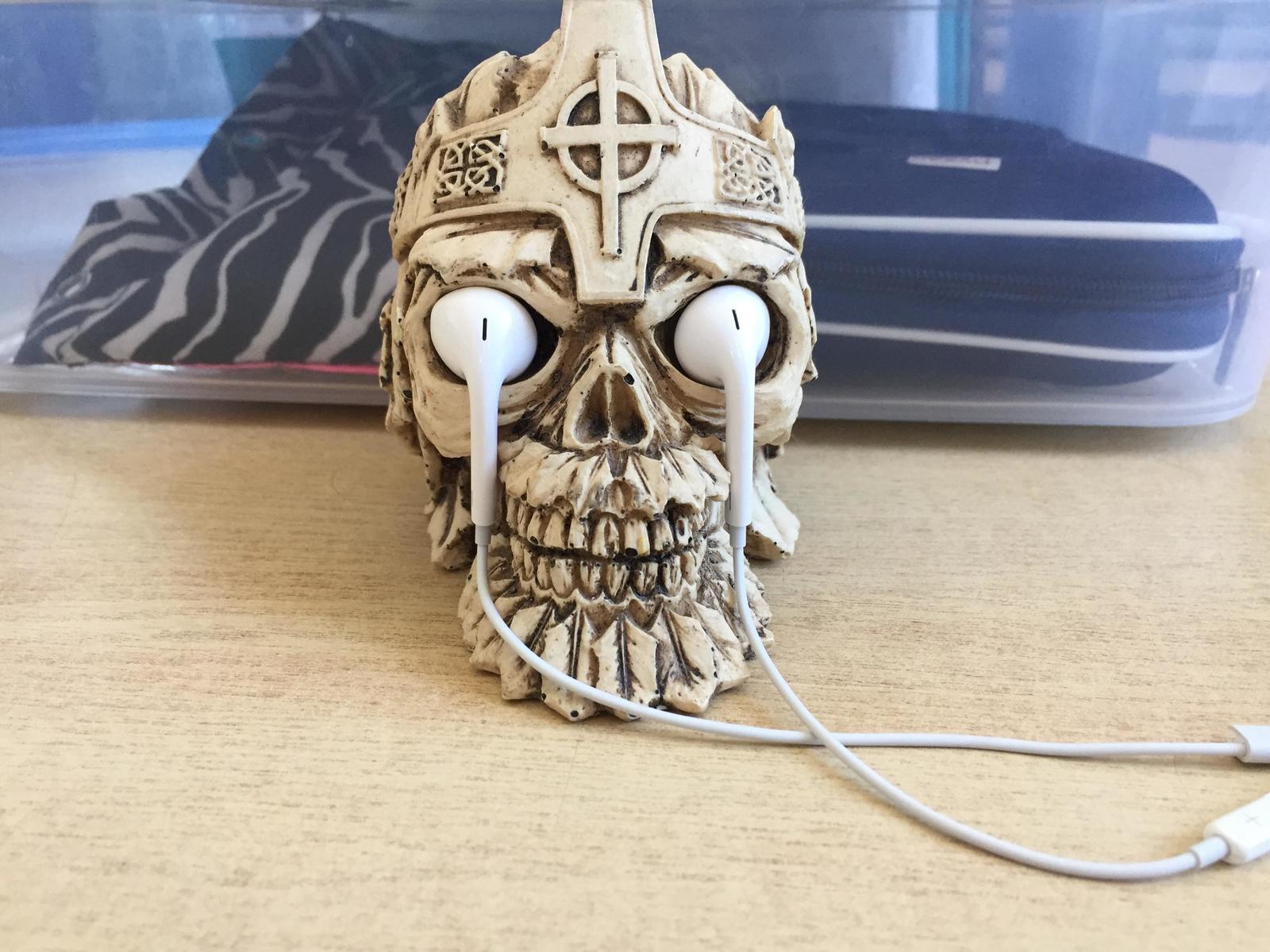 This guy's headphones fit perfectly into the eye sockets of a souvenir skull from Mexico. - Headphones, Scull, Souvenirs, Coincidence, Earpods, Red, Reddit