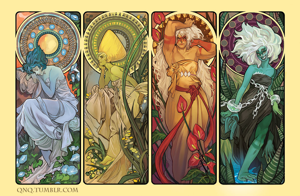 Mucha Universe - Steven universe, Lapis lazuli, Peridot, Jasper, Fusion, Alphonse Mucha