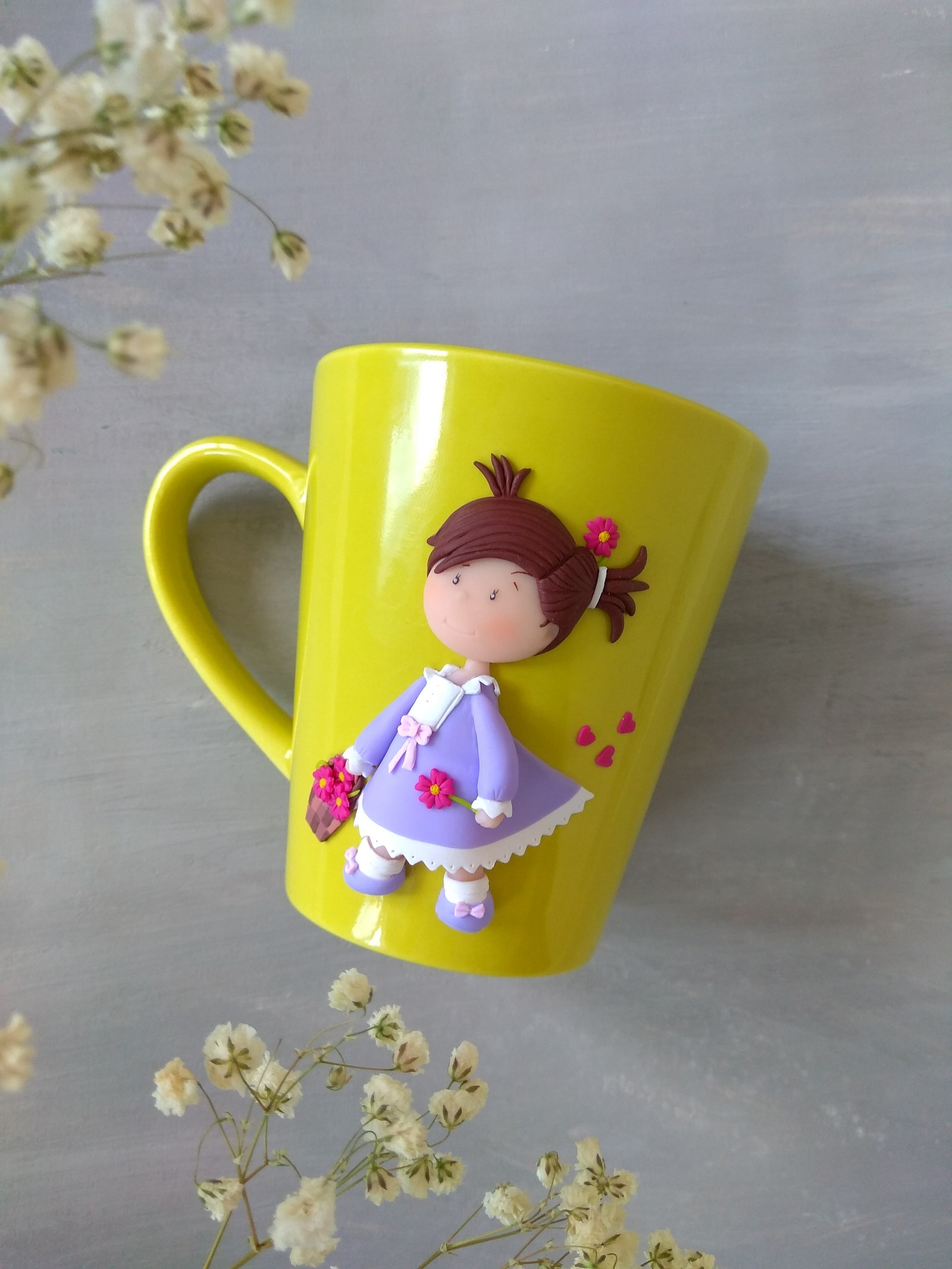 spring girl - My, Polymer clay, Mug with decor, Spring, Needlework with process, Longpost