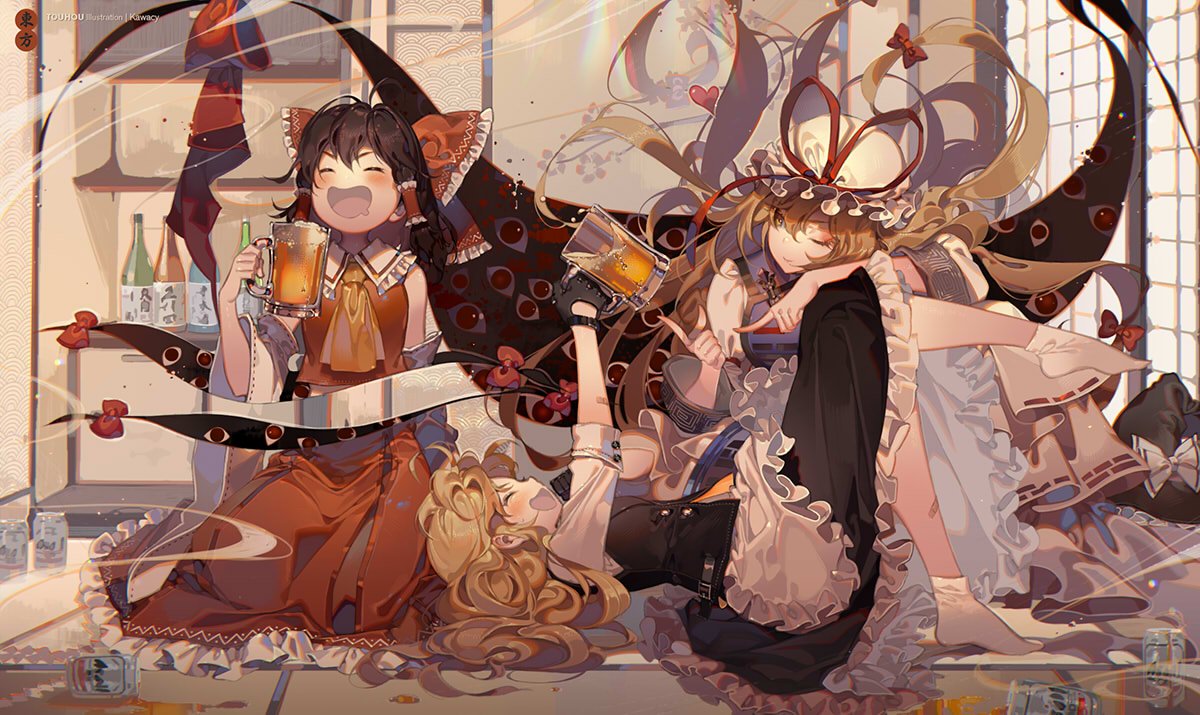 Kanpai! - Аниме, Anime Art, Touhou, Hakurei Reimu, Kirisame Marisa, Yakumo Yukari, Kawacy