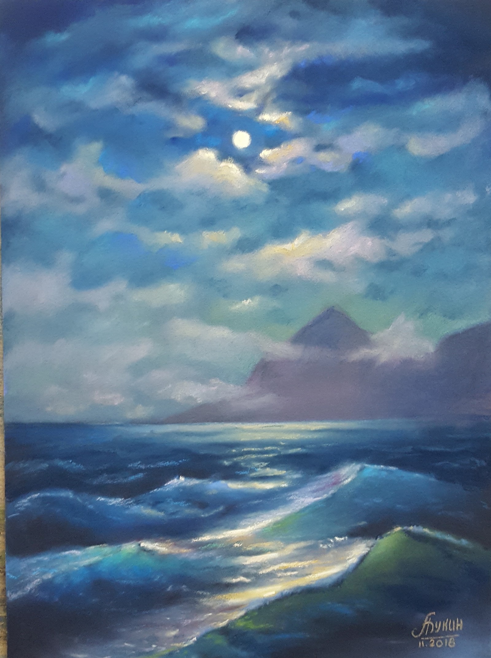 Night by the sea - My, Painting, Sea, Dry pastel, Night, moon, Painting, Pastel, Wave