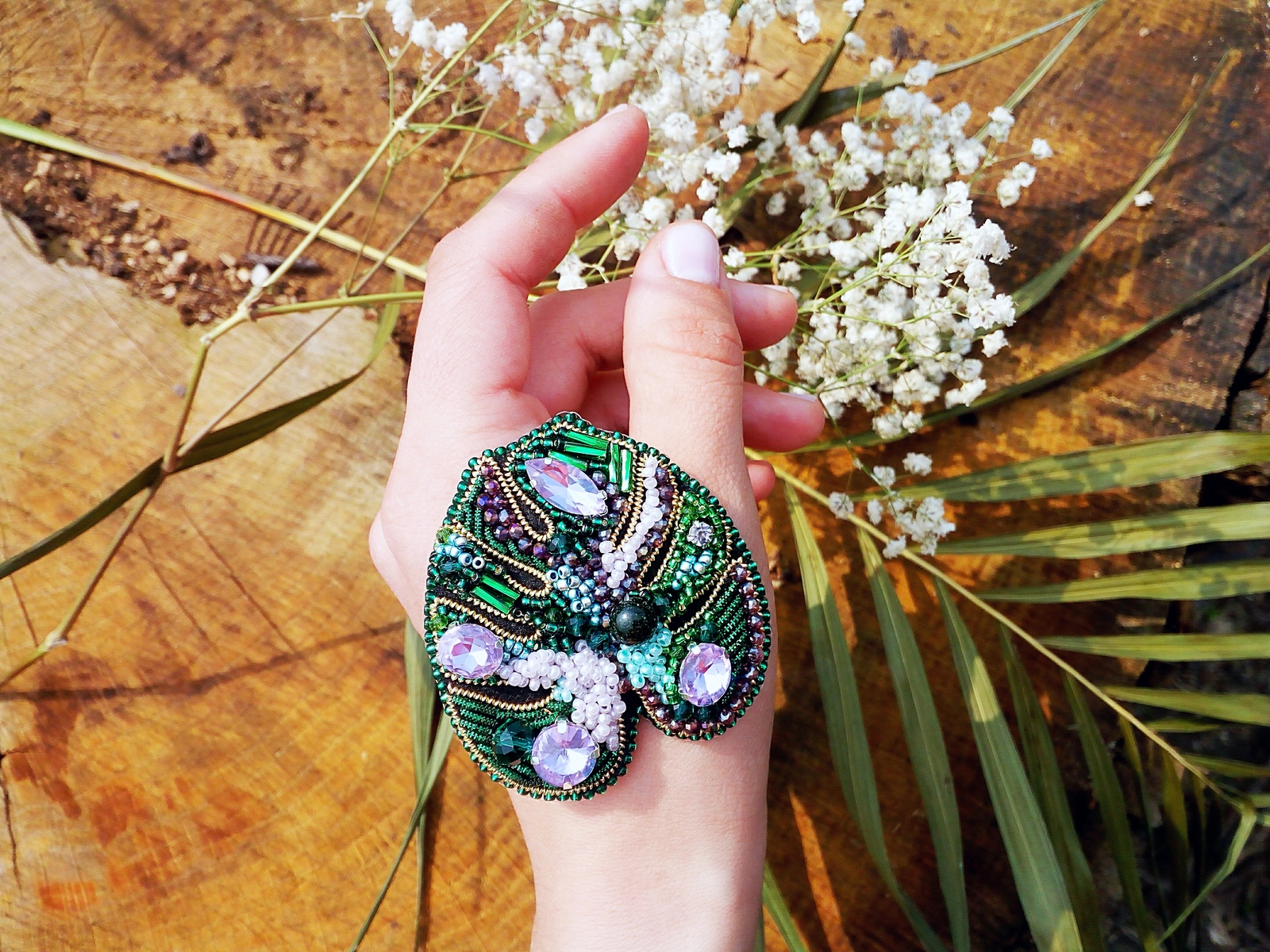 Tropical leaf brooch - My, Brooch, Embroidery, , Needlework without process