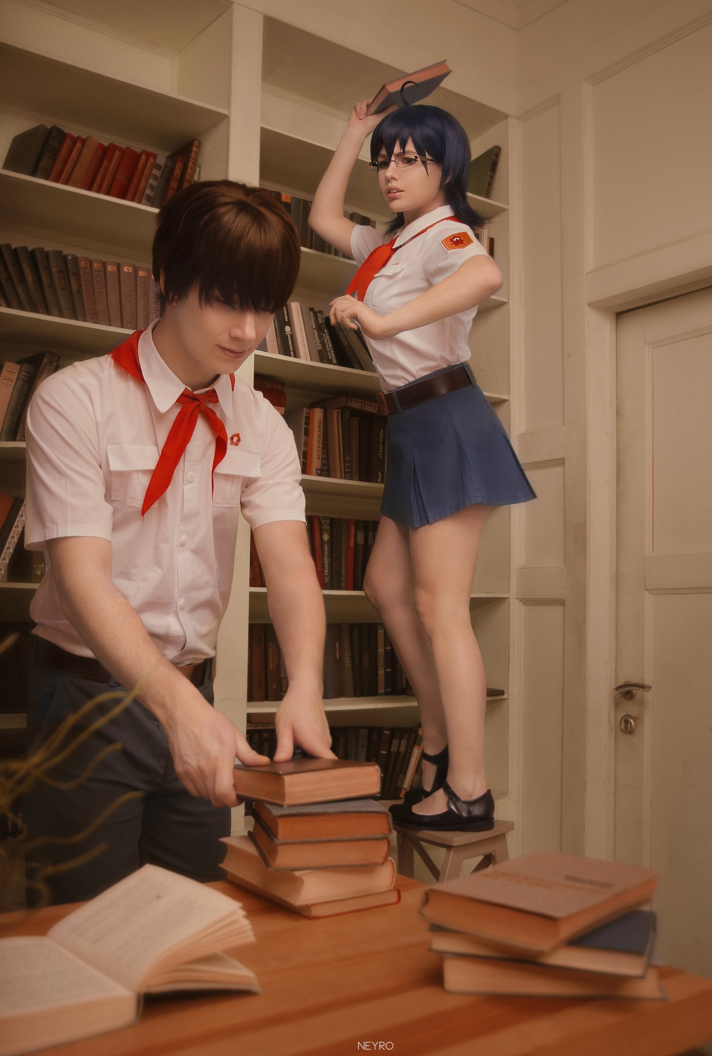 Why look after the library when you can sleep in it? - My, Visual novel, Endless summer, Cosplay, Russian cosplay, Zhenya, Semyon, , Workers' Children, Longpost