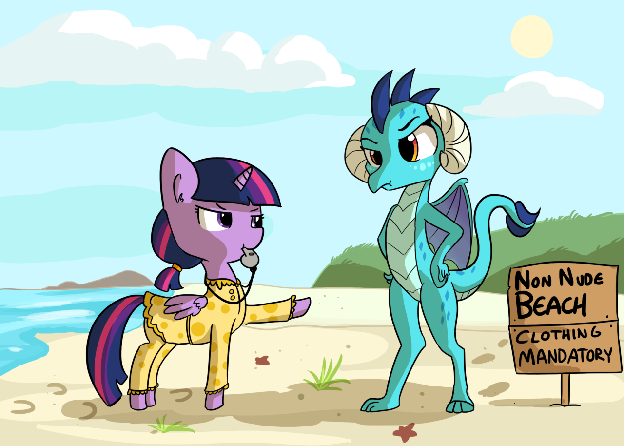 Not a nude beach. - My little pony, Twilight sparkle, Princess ember, Beach, Tjpones