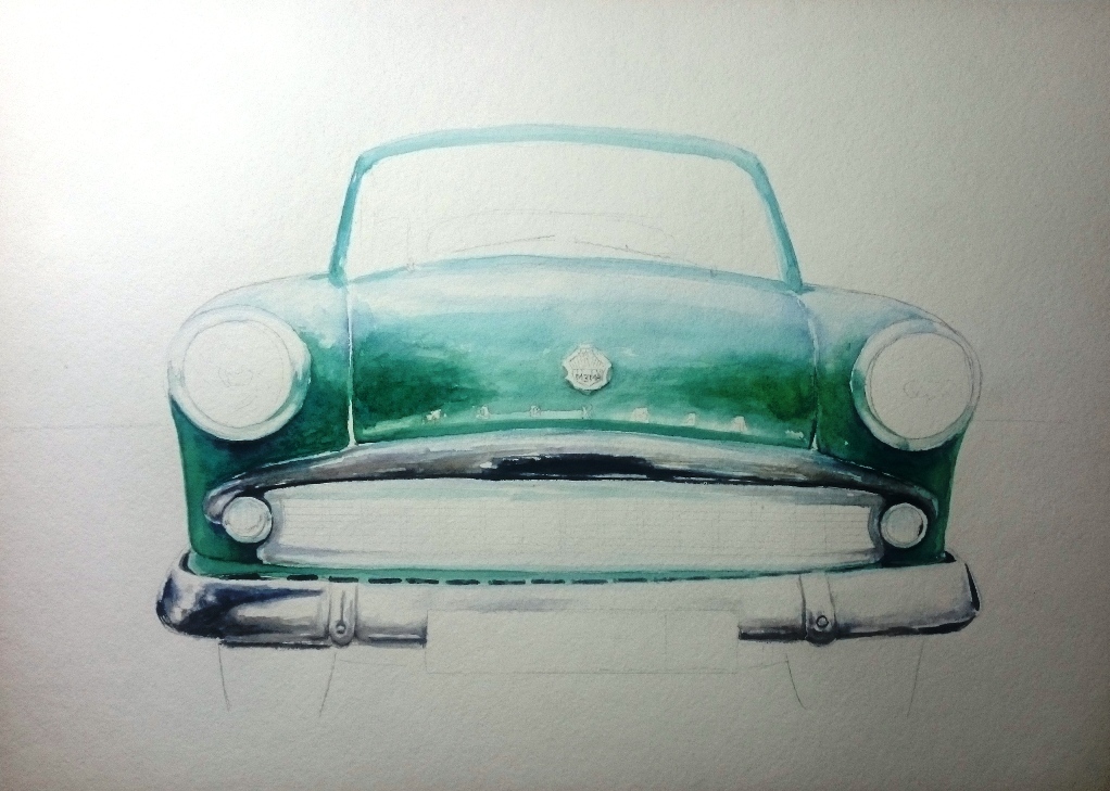 Retro car No. 6 (Moskvich) watercolor/paper - My, Watercolor, Painting, Car, Auto, Retro, Moskvich, Painting, Creation, Longpost