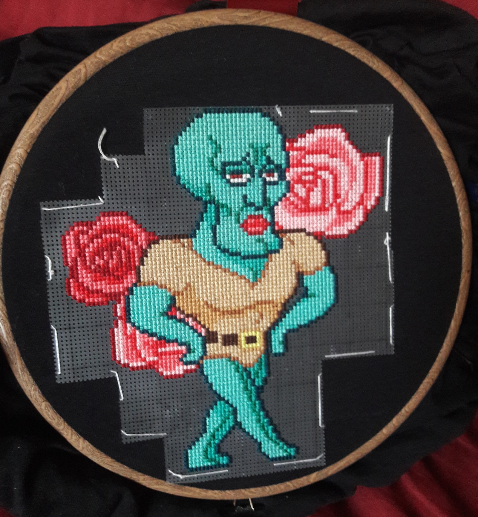 Squidward Apollo on a T-shirt - My, Embroidery, Cross-stitch, Needlework, Needlework with process, Memes, Hobby, With your own hands, Longpost