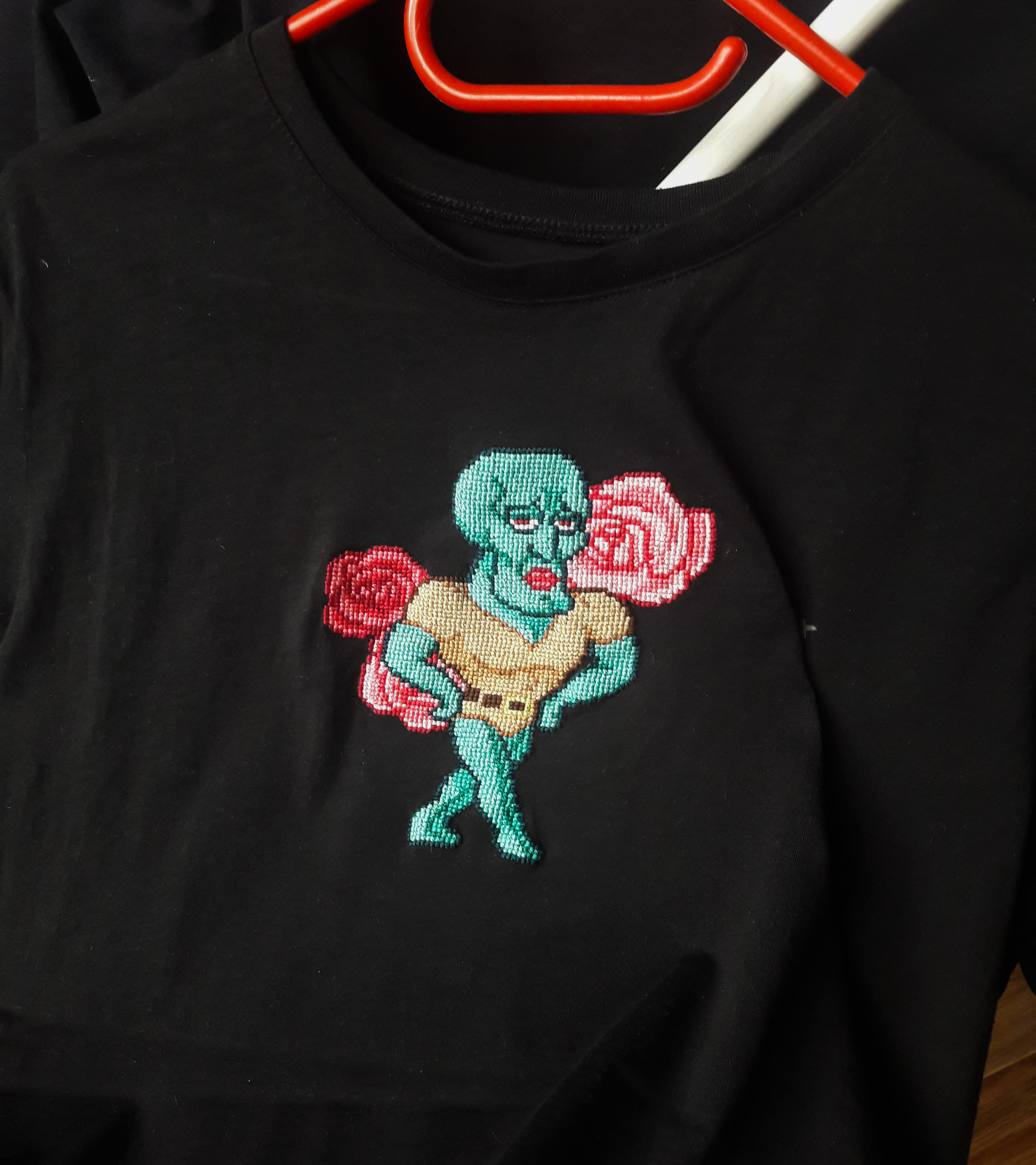 Squidward Apollo on a T-shirt - My, Embroidery, Cross-stitch, Needlework, Needlework with process, Memes, Hobby, With your own hands, Longpost