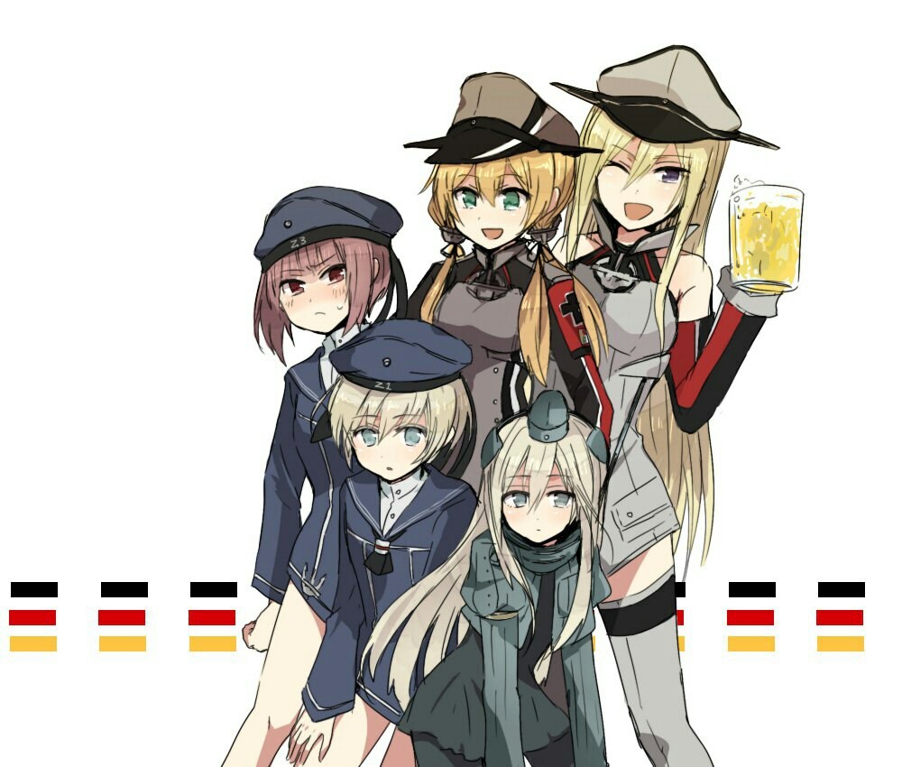 Kriegsmarine celebrate successful completion of operation - Kantai collection, Anime art, Bismarck, Prinz Eugen, , u-511, 