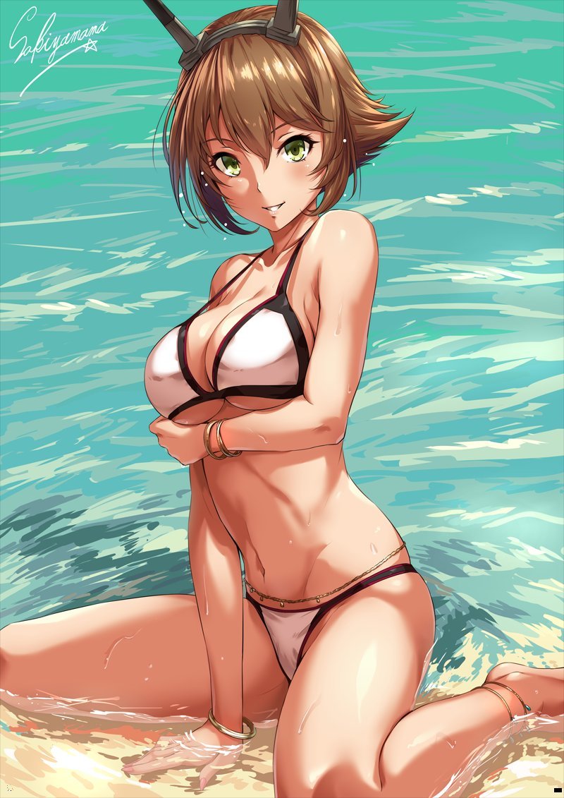 Муцу (художник: Sakiyamama) - NSFW, Kantai Collection, Аниме, Anime Art, Mutsu, Сиськи, Купальник, Юката, Длиннопост