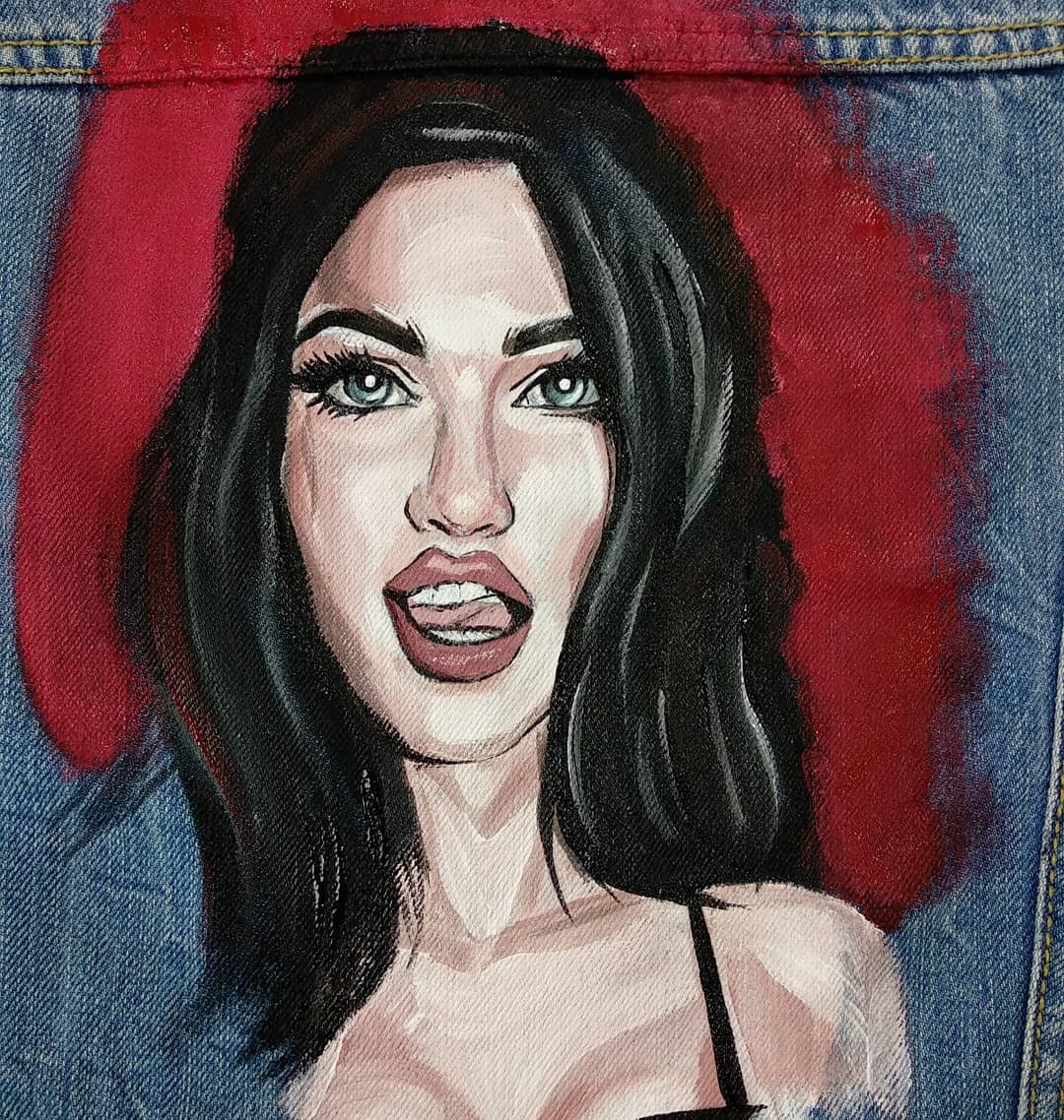 Megan Fox. Jeans painting + process - My, Painting on fabric, , Painting, Acrylic, , Krasnodar, Handmade, Longpost