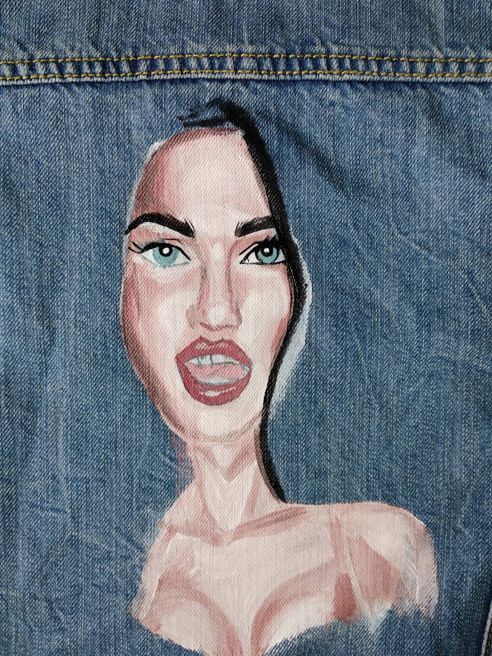 Megan Fox. Jeans painting + process - My, Painting on fabric, , Painting, Acrylic, , Krasnodar, Handmade, Longpost