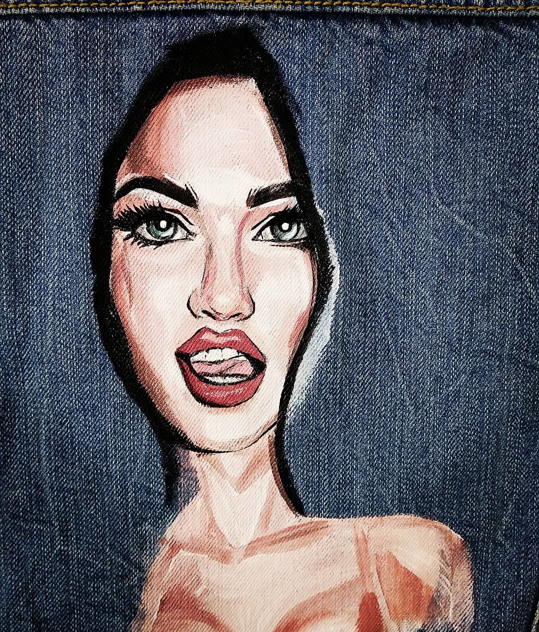 Megan Fox. Jeans painting + process - My, Painting on fabric, , Painting, Acrylic, , Krasnodar, Handmade, Longpost