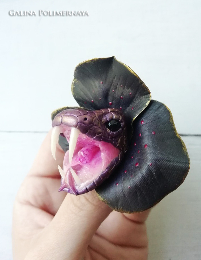 Brooch Snakeflower - My, Snake, Brooch, Polymer clay, Лепка, Handmade, Teeth, To fall, Needlework without process, Longpost