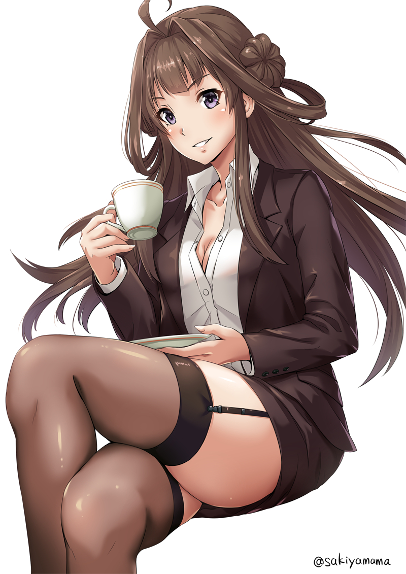 Kongo (Artist: Sakiyamama) - Kantai collection, Anime, Anime art, Kongou, Stockings, Tea, Thighhighs, Sakiyamama