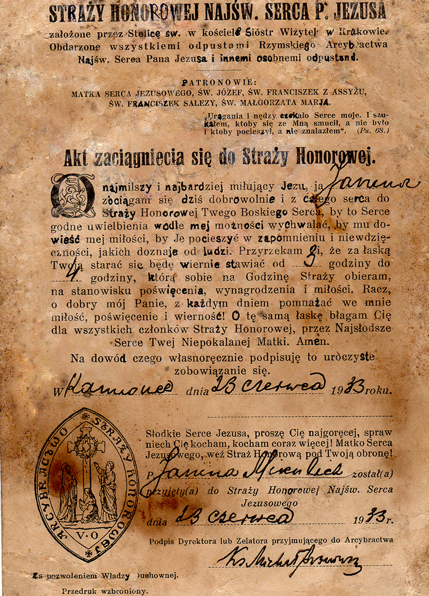 Document Arcybractwo Stray Honorowej Najwitszego Serca Pana Jezusa, June 23, 1933 - My, Religion, Find, Past